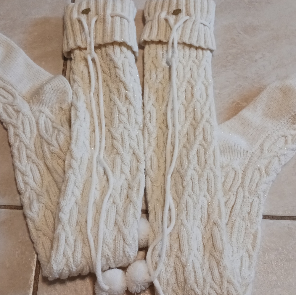 UGG Socks Over the Knee Cable Knit Pom Poms cream sparkle